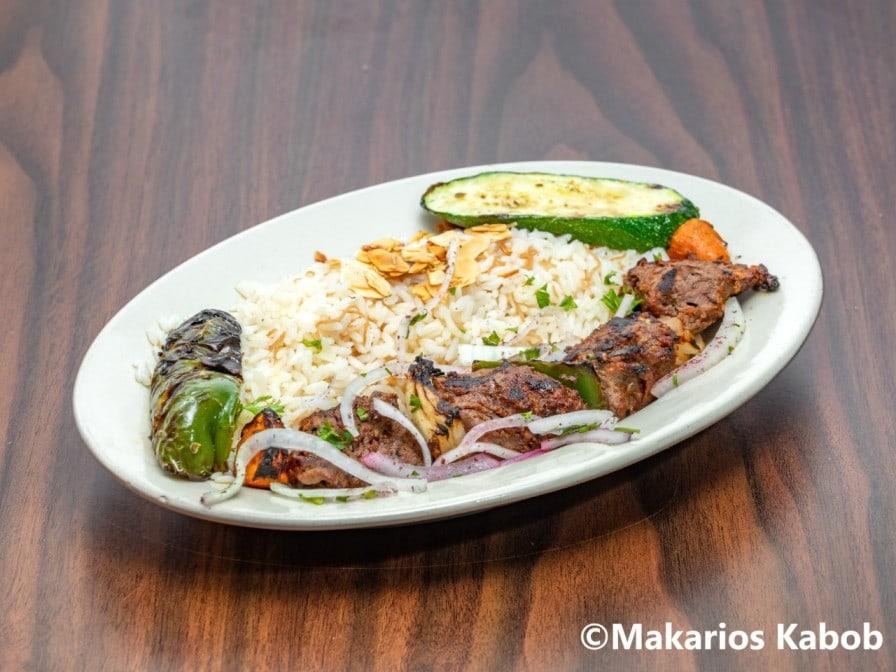 Beef kabob plate with rice and grilled vegetables at Ranch House Makarios Family Restaurant in Vestavia Hills, AL